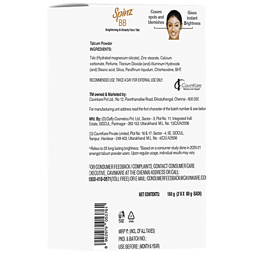 Spinz BB Brightening & Beauty Face Talc - Pearl White, For Instant Brightness, Lasts 2X Longer, Covers Spots & Blemishes, 80 g (Pack of 2) 