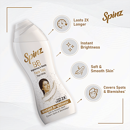 Spinz BB Brightening & Beauty Face Talc - Pearl White, For Instant Brightness, Lasts 2X Longer, Covers Spots & Blemishes, 80 g (Pack of 2) 