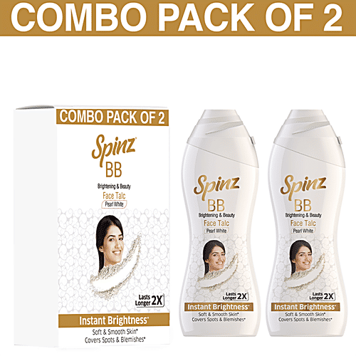 Spinz BB Brightening & Beauty Face Talc - Pearl White, For Instant Brightness, Lasts 2X Longer, Covers Spots & Blemishes, 80 g (Pack of 2) 