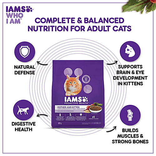 IAMS Proactive Health - Mother & Kitten, Dry Premium Cat Food With Chicken, Complete & Balanced Nutrition, 2-12 Months, 400 g