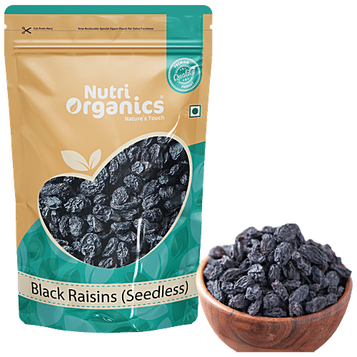 Buy Nutri Organics Black Raisins Seedless, Rich In Fibre, No