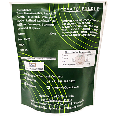 SAAZ HYDERABADI PICKLE Hyderabadi Tomato Pickle - Made With Fresh Ingredients, Homemade, 200 g Pouch 