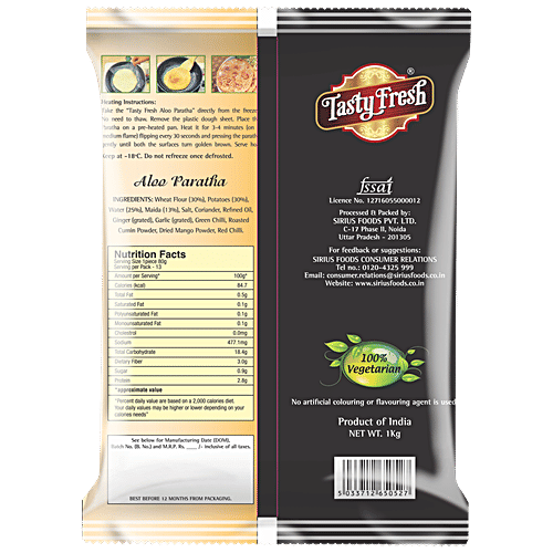 Tasty Fresh  Aloo Paratha - Ready To Fry/Bake, Stuffed Bread, For Meals, Snacking Use, 1 kg  