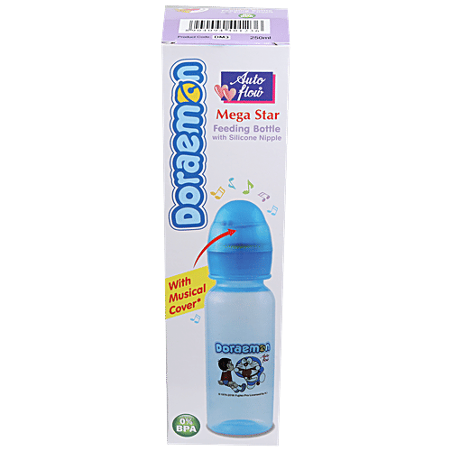 Auto flow Doraemon Mega Star Feeding Bottle With Silicone Nipple & Musical Cover - BPA Free, 250 ml  
