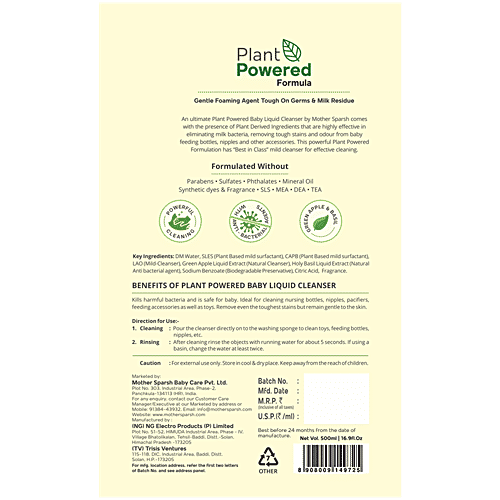 Mother Sparsh Plant Powered Baby Liquid Cleanser - Green Apple & Basil, 500 ml Safely Cleans Baby bottles, nipples, Toys, Removes Milk film Odour