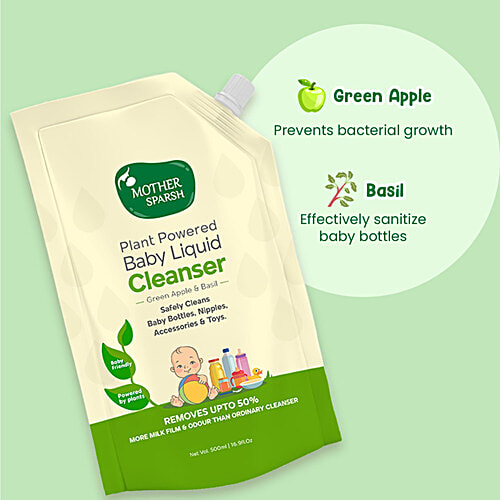 Mother Sparsh Plant Powered Baby Liquid Cleanser - Green Apple & Basil, 500 ml Safely Cleans Baby bottles, nipples, Toys, Removes Milk film Odour