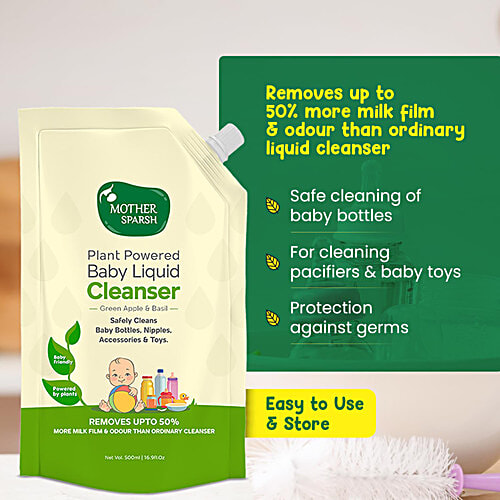 Mother Sparsh Plant Powered Baby Liquid Cleanser - Green Apple & Basil, 500 ml Safely Cleans Baby bottles, nipples, Toys, Removes Milk film Odour