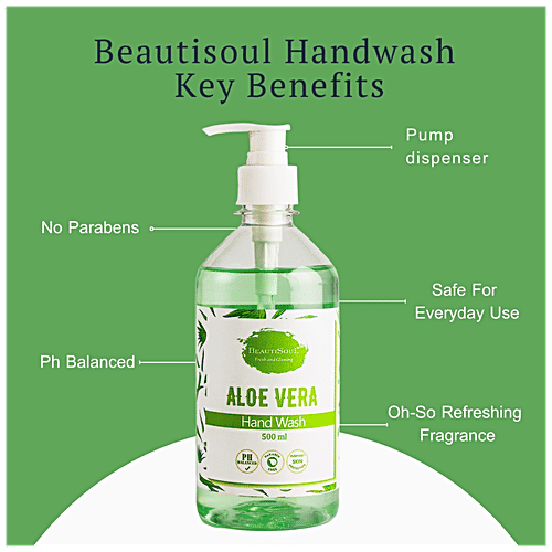 Beautisoul Aloe Vera Handwash With Glycerin - pH balanced, Hydrating, Non-Drying, Provides Germ protection, 500 g Pump 