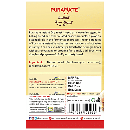 Puramate Instant Dry Yeast - Makes Bread Soft & Fluffy, 25 g Box Soft & Fluffy
 Consistent Results