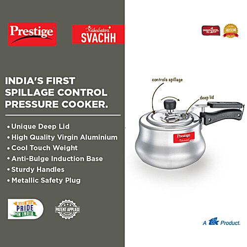 Prestige Nakshatra Plus Svachh Aluminium Spillage Control Handi Inner Lid Pressure Cooker - Silver, 3 L  