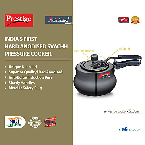 Prestige Nakshatra Plus Svachh Hard Anodised Spillage Control Handi Inner Lid Pressure Cooker - Black, 3 L  