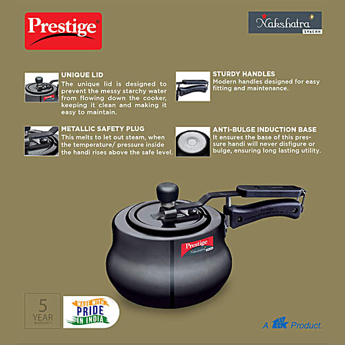 Prestige Nakshatra Plus Svachh Hard Anodised Spillage Control Handi Inner Lid Pressure Cooker - Black, 3 L  