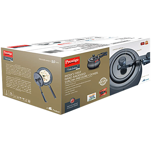 Prestige Nakshatra Plus Svachh Hard Anodised Spillage Control Handi Inner Lid Pressure Cooker - Black, 5 L  