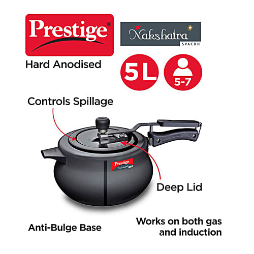 Prestige Nakshatra Plus Svachh Hard Anodised Spillage Control Handi Inner Lid Pressure Cooker - Black, 5 L  