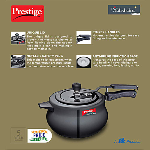 Prestige Nakshatra Plus Svachh Hard Anodised Spillage Control Handi Inner Lid Pressure Cooker - Black, 5 L  