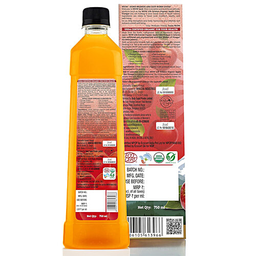 WOW Life Science  Organic Apple Cider Vinegar - Raw, Unfiltered & Unpasteurised, Boosts Immunity, 750 ml  