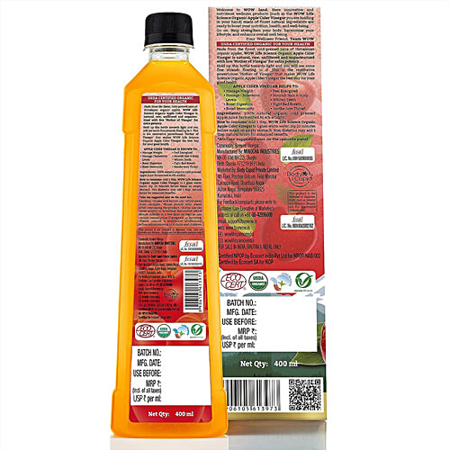 WOW Life Science  Organic Apple Cider Vinegar - Raw, Unfiltered & Unpasteurised, Boosts Immunity, 400 ml  