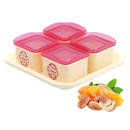 Trueware Daffodil Airtight Container 2 With Tray - Storage / Serving Jars, BPA Free, For Dry Fruits, Snacks, Pink, 5 pcs (Set of 4) 