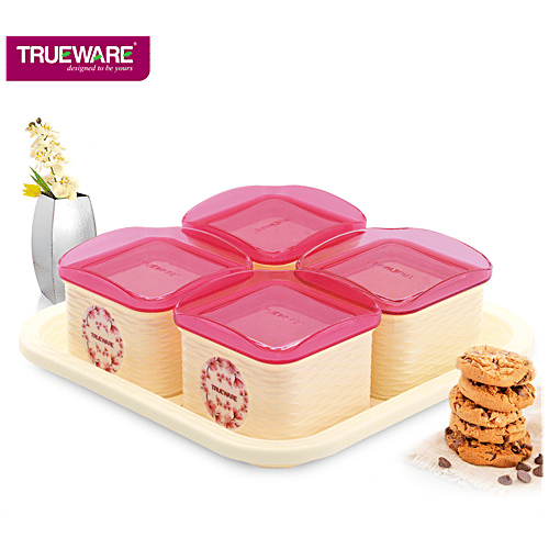 Trueware Daffodil Airtight Container 2 With Tray - Storage / Serving Jars, BPA Free, For Dry Fruits, Snacks, Pink, 5 pcs (Set of 4) 