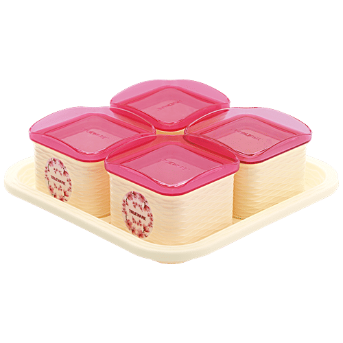 Trueware Daffodil Airtight Container 2 With Tray - Storage / Serving Jars, BPA Free, For Dry Fruits, Snacks, Pink, 5 pcs (Set of 4) 