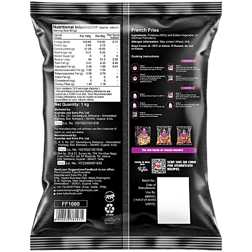 HyFun French Fries - Rich In Protein & Fibre, Crispy, No Preservatives, Frozen Snack, 1 kg  