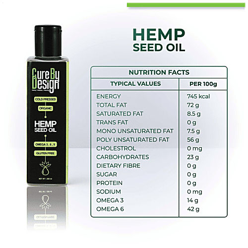 Cure by Design Hemp Seed Oil - Cold Pressed, Organic, Rich In Omega 3,6,9, Boosts Immunity,, 200 ml  