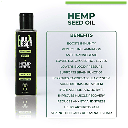 Cure by Design Hemp Seed Oil - Cold Pressed, Organic, Rich In Omega 3,6,9, Boosts Immunity,, 200 ml  
