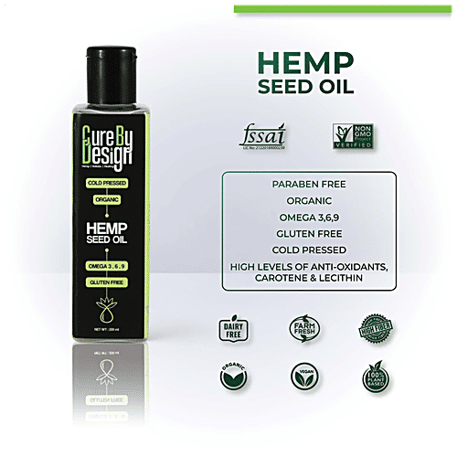 Cure by Design Hemp Seed Oil - Cold Pressed, Organic, Rich In Omega 3,6,9, Boosts Immunity,, 200 ml  