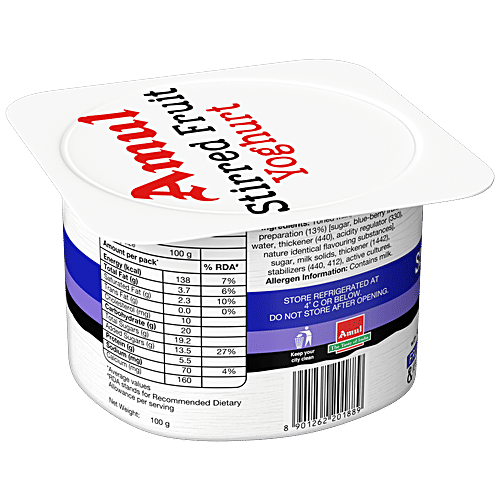 Amul Stirred Fruit Yoghurt - Blueberry, Rich, Smooth & Creamy Texture, No Preservatives, 100 g