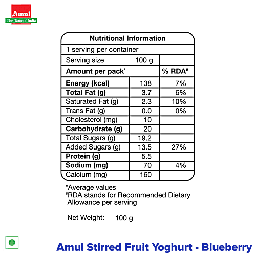 Amul Stirred Fruit Yoghurt - Blueberry, Rich, Smooth & Creamy Texture, No Preservatives, 100 g