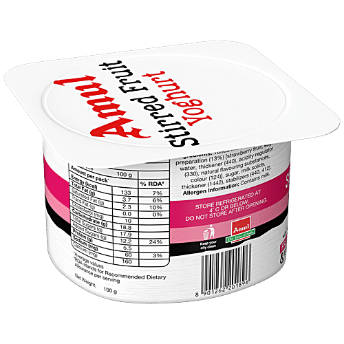 Amul Stirred Fruit Yoghurt - Strawberry, Rich, Smooth & Creamy Texture, No Preservatives, 100 g