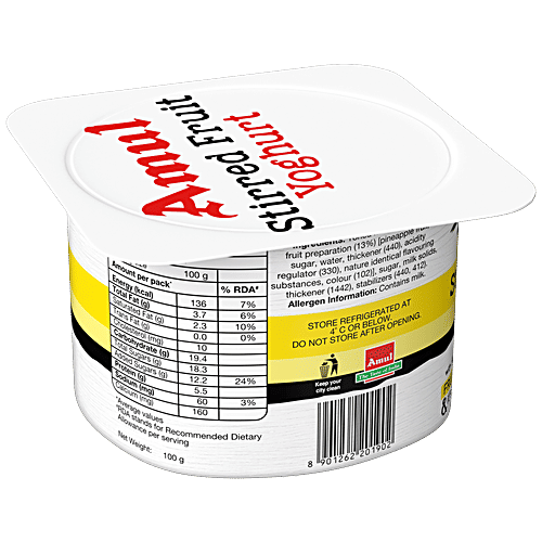 Amul Stirred Fruit Yoghurt - Pineapple, Rich, Smooth & Creamy Texture, No Preservatives, 100 g  