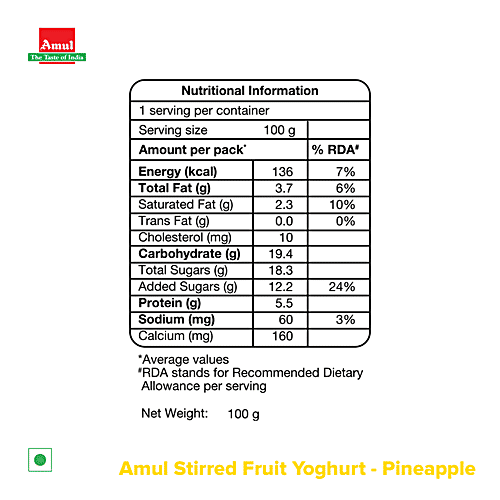 Amul Stirred Fruit Yoghurt - Pineapple, Rich, Smooth & Creamy Texture, No Preservatives, 100 g  