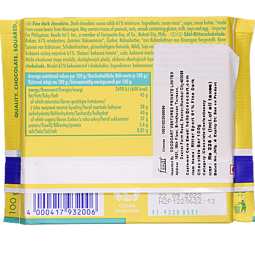 Ritter Sport Dark Chocolate Bar - 61% Fine With Cocoa, Rich Flavour, Superior Taste, 100 g  