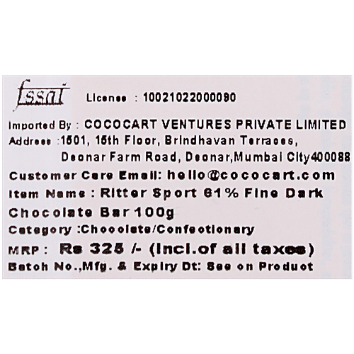 Ritter Sport Dark Chocolate Bar - 61% Fine With Cocoa, Rich Flavour, Superior Taste, 100 g  