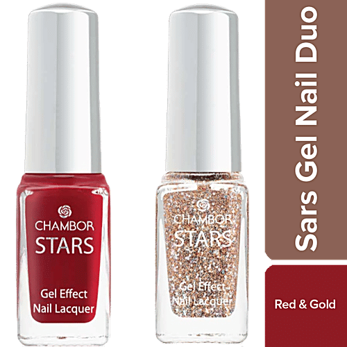 Chambor Star Gel Effect Nail Lacquer Duo - Red & Gold, Quick Drying, Long Lasting, 5 ml (Pack of 2)