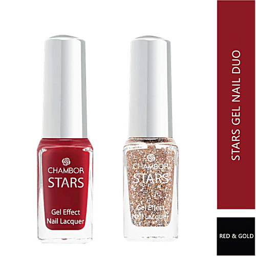 Chambor Star Gel Effect Nail Lacquer Duo - Red & Gold, Quick Drying, Long Lasting, 5 ml (Pack of 2)