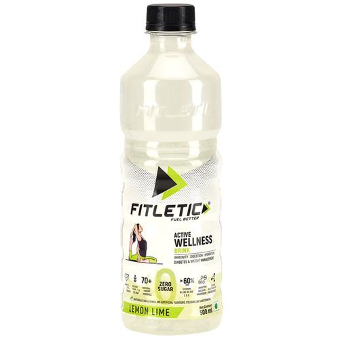 FITLETIC FUEL BETTER Active Wellness Drink - Lemon Lime, 0% Sugar, High Fibre, Enriched With 5 Vital Electrolytes, 70+ Minerals & 6 Vitamins, 500 ml Bottle
