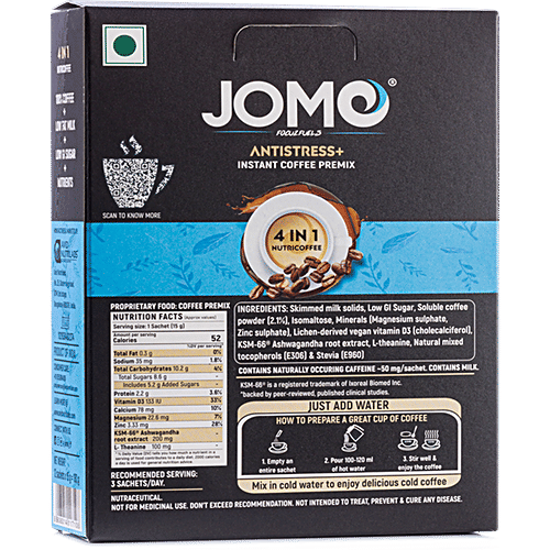 JOMO FOCUZFUELS 4 In 1 Nutricoffee Instant Coffee - Antistress+, Nutrient Enriched, Reduce Stress & Anxiety, 180 g (12 Sachets x 15 g Each) 