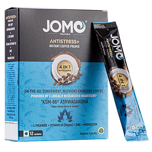 JOMO FOCUZFUELS 4 In 1 Nutricoffee Instant Coffee - Antistress+, Nutrient Enriched, Reduce Stress & Anxiety, 180 g (12 Sachets x 15 g Each) 