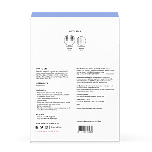 Nua Acne Healing Patch, Invisible Waterproof 100% Hydrocolloid, Flattens Active Acne Overnight, 30 pcs