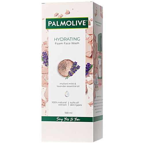 Palmolive Hydrating Foam Facewash - Unique Blend Of Multani Mitti & Lavender Essential Oil, Suits All Skin Types, 100 ml  