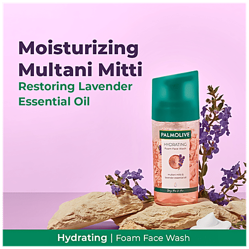 Palmolive Hydrating Foam Facewash - Unique Blend Of Multani Mitti & Lavender Essential Oil, Suits All Skin Types, 100 ml  