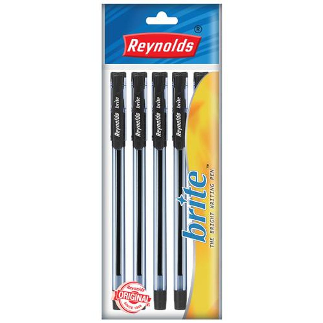 Reynolds Brite Ball Pen - With Comfortable Grip, Smudge Free, For Smooth Writing, Black, 5 pcs 