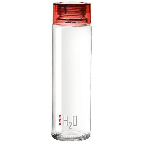 Cello H2O Glass Fridge Water Bottle with Plastic Cap - Red, 920 ml