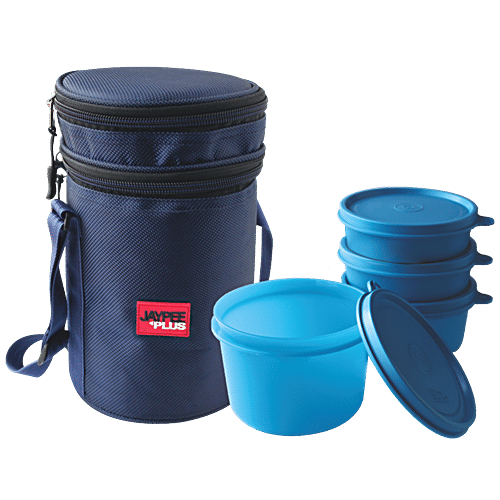 Jaypee Plus Multi Decker 4 Lunch Box - Black Pouch & Blue, Round, Plastic, Non-toxic, Leak-proof, 1 pc  