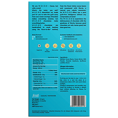 WACAO Toasty Hazelnut 40% Milk Chocolate Bar - Vegan, Gluten-Free, No Added Sugar, 40 g  