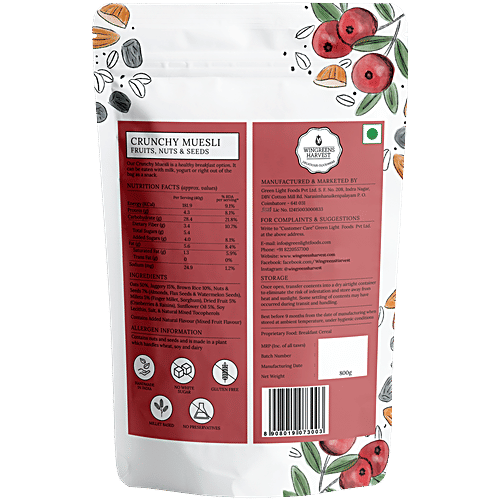 Wingreens Harvest Crunchy Muesli - Fruits, Nuts & Seeds With Rolled Oats, Gluten-Free, Healthy Breakfast, 800 g  