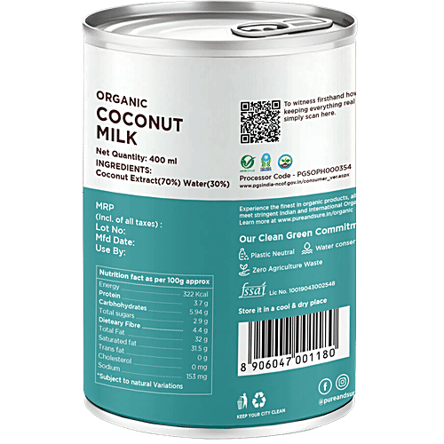 Phalada Pure & Sure Organic Coconut Milk - Natural, Creamy, Cholesterol-Free, No Preservatives, 400 ml