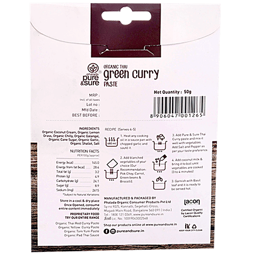 Phalada Pure & Sure Organic Thai Green Curry Paste - Authentic, Fresh, No Preservatives, 50 g Organic Taste
No MSG